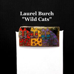Laurel Burch "Wild Cats" Cloisonné Brooch, Three Cats Pin, 1980s Vintage Jewelry